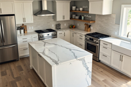 A bright, modern kitchen showcases white cabinetry, stainless steel appliances, and a marble-patterned island countertop with a warm wood floor.