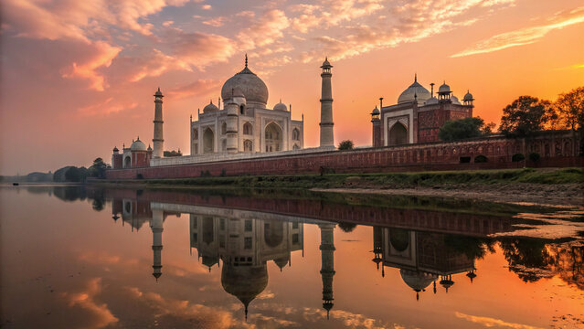 Taj mahal reflecting in the yamuna river at sunset with a colorful sky and surrounding architecture