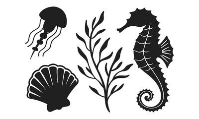 Underwater Sea Life Silhouette Vector Set – Jellyfish, Seahorse, Coral & Seashell