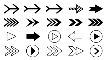 Collection of twenty unique black arrow icons in various styles