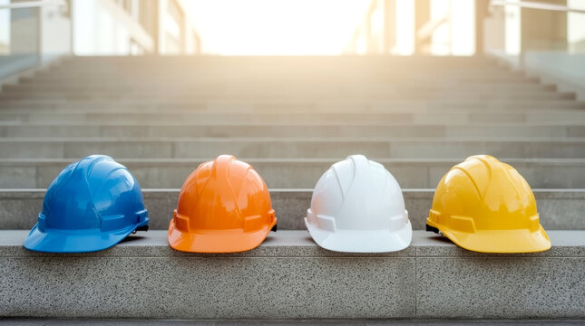 Multicolored Safety Construction Worker Hats. Teamwork of the construction team must have quality. row of four hard hats in different colors (blue, orange, white, and yellow) placed neatly