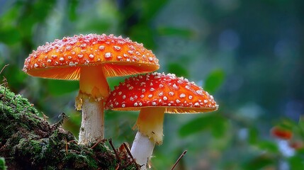 Two vibrant red and orange spotted mushrooms in a forest setting.