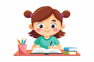 Adorable vector illustration of a cute cartoon girl with long brown hair, smiling while reading a teal book. 