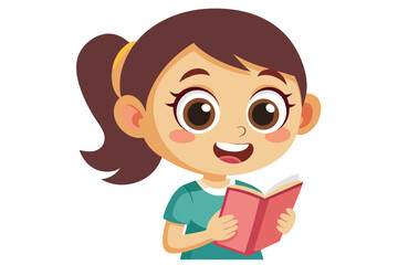 Adorable vector illustration of a cute cartoon girl with long brown hair, smiling while reading a teal book. 