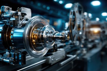Naklejka premium Precision machinery parts showcased in a modern manufacturing facility during daylight hours