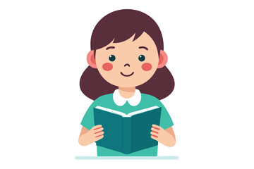 Adorable vector illustration of a cute cartoon girl with long brown hair, smiling while reading a teal book. 