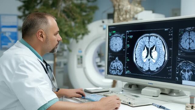 During the daytime, a man in a white coat reviews brain mri results on a computer. The healthcare professional works at a computer station, near the mri machine in a medical facility