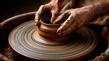 Skilled hands shape a clay pot on a spinning wheel.