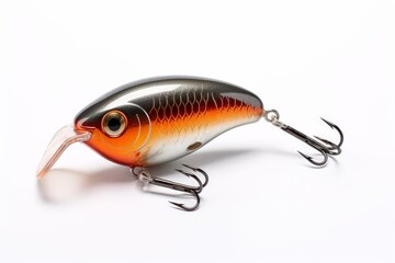 Multicolored fishing lure with sharp treble hooks and plastic lip, isolated on white background