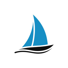 blue Sailing boat logo icon abstract vector template. Sailboat on the waves. Vector illustration