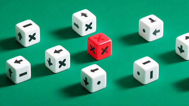 Flat lay of white cubes with black arrows pointing to the right and left, on a green background.
