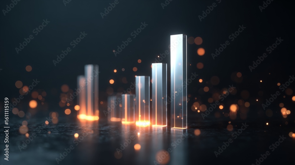 Poster a financial bar chart with translucent bars in ascending order, placed on a dark, sleek background w