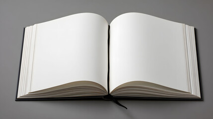 Fototapeta premium Open Book with Blank White Pages and Intricate Black Cover on Grey Background