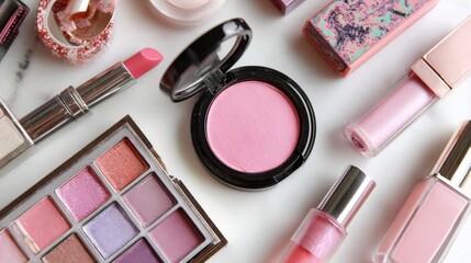 A flat lay of high-end womens cosmetics, including blush, eyeshadow palettes, and lip glosses, arranged on a white background to emphasize product details and elegance.