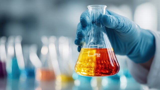 First-Person View of Hands Holding Erlenmeyer Flask with Colored Liquid in Lab