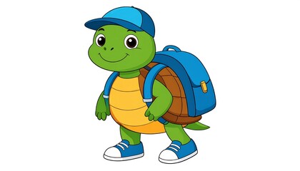 Fototapeta premium Cute Cartoon Turtle Student with Backpack and Cap Ready for School Illustration