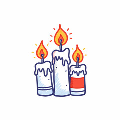 Obraz premium Three colorful candles with melting wax and flames on white background 