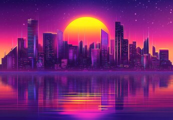Fototapeta premium Retro futuristic cityscape sunset over water. Possible use Stock photo for graphic design, posters, social media