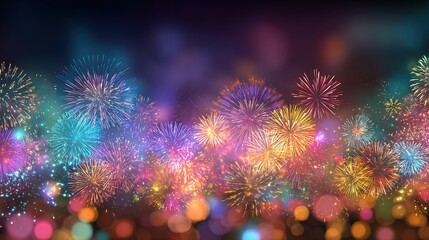 Fototapeta premium Vibrant Fireworks Display for New Year Celebrations, Ideal for Festive Design, Illustrations, and Promotional Posters.