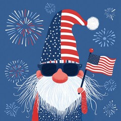 Patriotic American Gnome with Flag and Fireworks