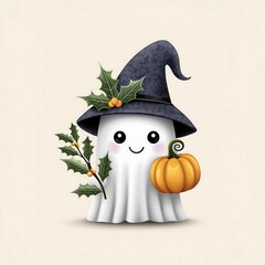 Adorable Baby Ghost in Witch Hat with Holly and Pumpkin