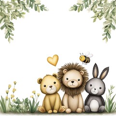 Adorable Woodland Animals (Bear, Lion, Rabbit) with Greenery Border