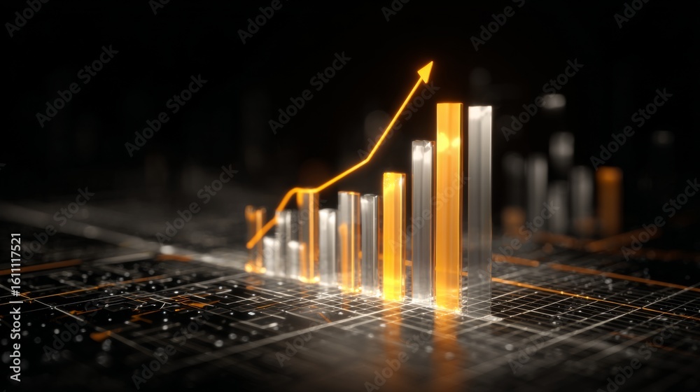 Poster a futuristic d bar chart with tall, glowing columns and an upward trending arrow, hovering over a da