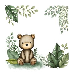  Adorable Watercolor Teddy Bear with Lush Green Tropical Foliage