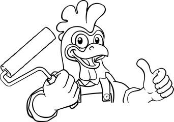 A chicken or rooster painter decorator handyman cartoon construction man mascot character holding a paint roller tool
