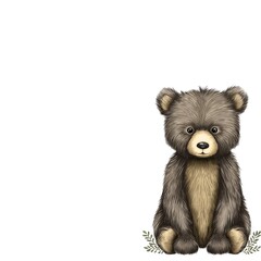 Adorable Fluffy Bear Cub Sitting on White Background