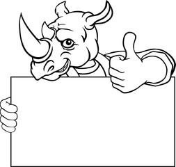 A rhino painter, handyman, mechanic, plumber or other construction cartoon mascot man in overall dungarees. Giving a thumbs up.