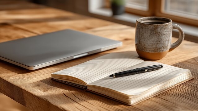 Photorealistic home office desk with laptop (no keyboard labels), ceramic coffee mug, open notebook, and sticky notes in soft window light