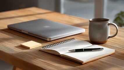 Warm minimalist desk setup with silver laptop (blank keyboard), coffee cup, writing notebook, sticky notes, and pen in natural window light, no people