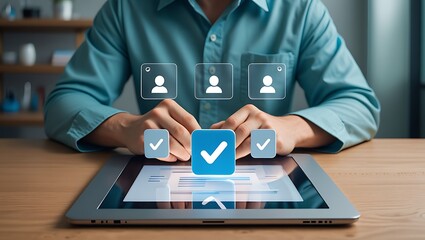 Man's hands interacting with a tablet displaying a large blue checkmark and floating user profile icons, signifying approval.