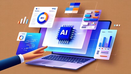 Laptop with a central AI chip and various floating data visualization interfaces for artificial intelligence