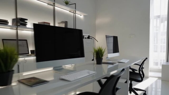 A walk through the modern white interior office without any brand names or logos, generic office space 