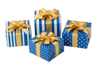 Four elegantly wrapped blue gift boxes, distinct patterns (stripes, polka dots), golden ribbon bows, precisely arranged on a plain transparent studio background with diffused light, no shadows,