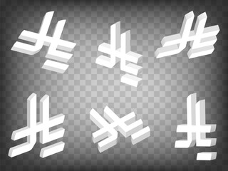 Set of perspective projections 3d Saudi riyal Sign model icons on transparent background.  High detailed 3d riyal of Saudi Arabia.  Abstract concept of graphic elements for your design. EPS 10