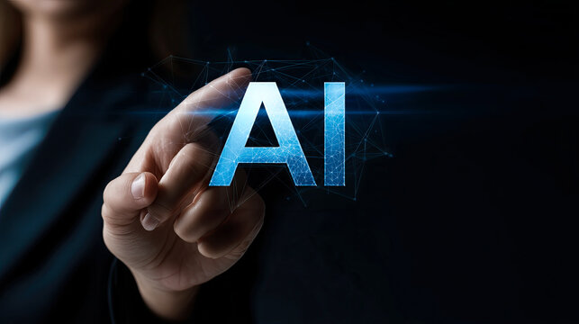 Digital technology background with blue glowing AI letters on a dark blue digital network, representing data connection and artificial intelligence concepts. Abstract futuristic web elements, - Powered by Adobe