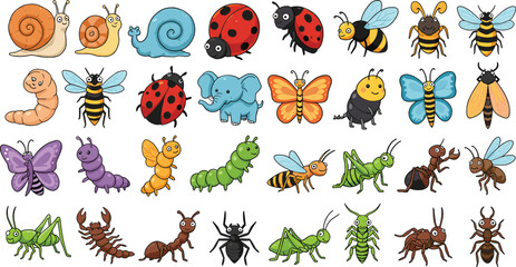 Colorful cartoon insects, cbeetles, flying bugs, vector animals, kids illustration, nature background, clipart collection