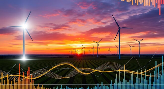 Wind Turbines at Sunset with Financial Data Overlays A Vision of Renewable Energy and Economic Growth for a Sustainable