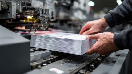 First-Person View of Loading Paper into Offset Printing Machine with Mechanical Parts