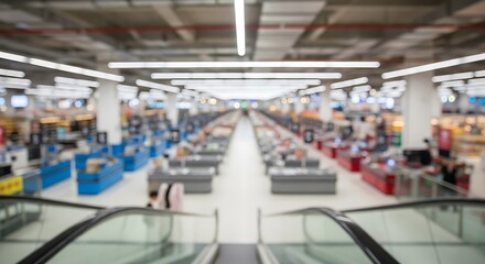 A blurred, high-angle view of a busy supermarket checkout area from an escalator.