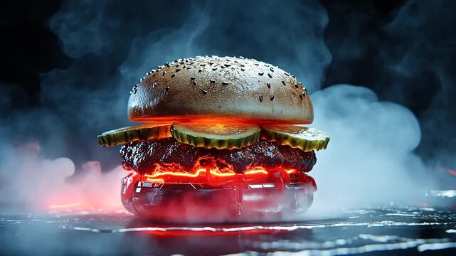 Hot, futuristic burger with glowing sauce
