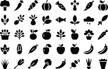 Collection of vegetable fruit icons, black silhouette vector set, healthy food symbols, organic produce elements, nutrition and diet concept, plant-based illustrations for graphic use