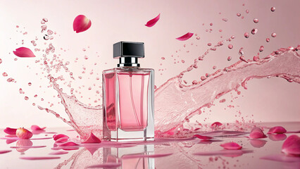 Elegant perfume bottle with water splash and rose petals on pink background