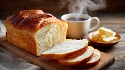 A loaf of white bread sliced neatly on a wooden board, with a spread of butter and a steaming cup of coffee in the background