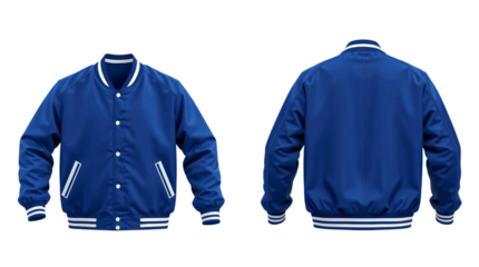 Blue baseball bomber varsity jacket in front and back view, mockup isolated on transparent background
