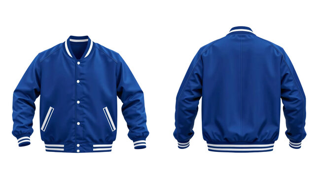 Blue baseball bomber varsity jacket in front and back view, mockup isolated on transparent background