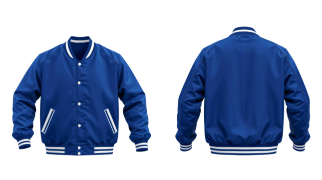 Blue baseball bomber varsity jacket in front and back view, mockup isolated on transparent background